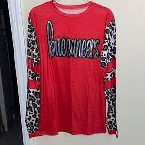 Red Buccaneers Long Sleeve Shirt with Leopard Print Sleeves